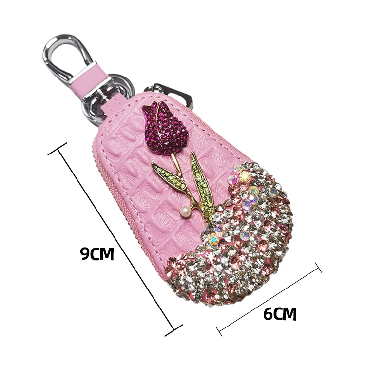 Car Key Chain 1 Pcs Flower Car Key Holder Storage Case Crystal Diamond Keychains Key Cover Remote Bag For BMW Lada Interior Accessories Key Case
