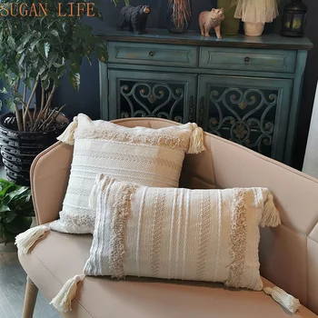 

2pcs cojines decorativos para sofa Morocco geometric Beige white tufted tassel Cushion cover christmas pillow cover harry styles