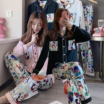 

2020 Spring Autumn Comic Print Pajama Set for Women Long Sleeve Cardigan Sleepwear Suit Homewear Loungewear Pijama Mujer Clothes