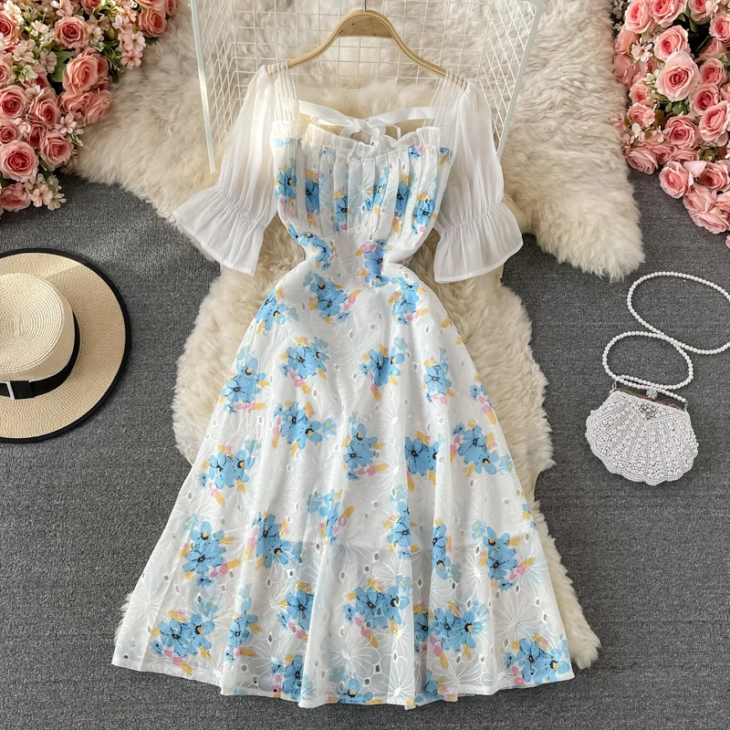 

Puff sleeve square neck floral chiffon dress summer 2021 new French retro sweet first love dress long skirt