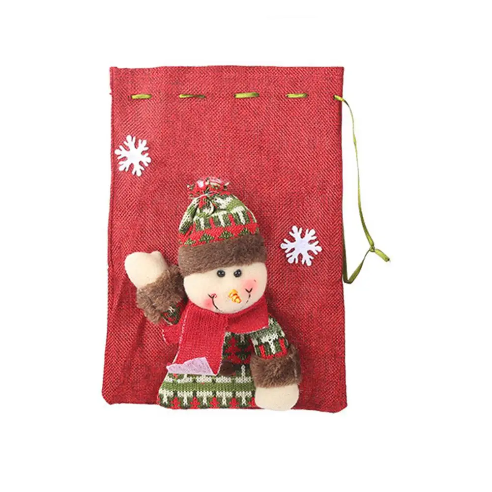 snowman Льняной рождественский подарочный мешок на шнурке, большая сумка для конфет, сумка для рождественских украшений с изображением оленя и яблока, вечерние принадлежности - Цвет: snowman