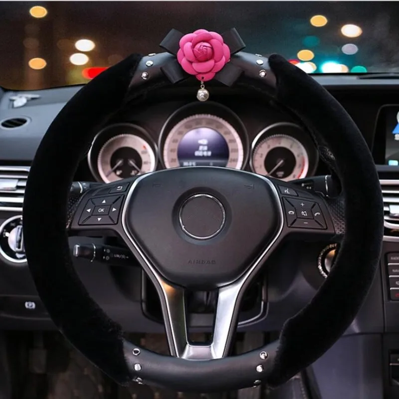 

Fashion camellia series winter warm plush car steering wheel cover for ladies car interior ornaments