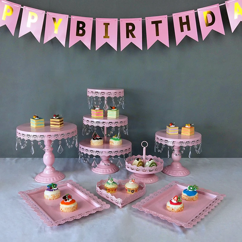 

7-17Piece pink Sweet Cake Stand Set Round Metal Crystal Cupcake Dessert Display Pedestal Wedding Party Display