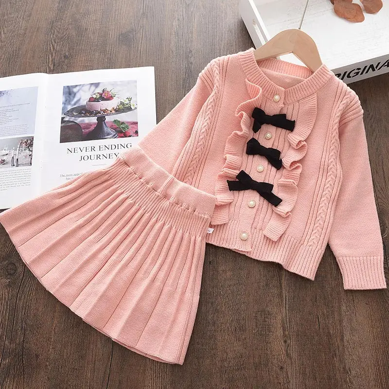 Melario Autumn Winter Fashion Girls Bow Knitted Thick Clothes Sets Kids Warm Long Sleeve Sweater Pants 2pcs Set Baby Girl Outfit