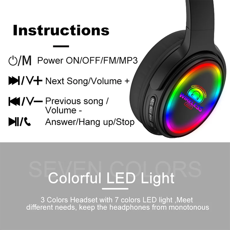 KD71 Bluetooth 5 0 Headphones LED Light Wireless Stereo Bass Headsets HIFI Fordable Earphones With Mic Support TF Card FM Radio