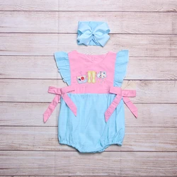Vêtements d'été pour filles, avec nœud rose, bleu, Plaid, sans manches, bottes de pluie à motif brodé, barboteuse pour bébé en bas âge 