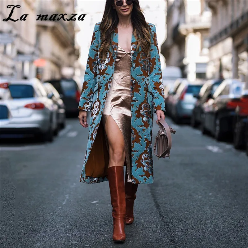 

Korean Style Elegant Plus Size Office Layd Print Coats Fall Long Sleeves Designer Blue Coats