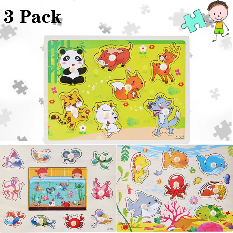 

3Pcs 3D Puzzle Wooden Toys Animals Fish Wood Puzzles Educational Toys Busyboard for Kids Finger Grasping Training Jigasw Board