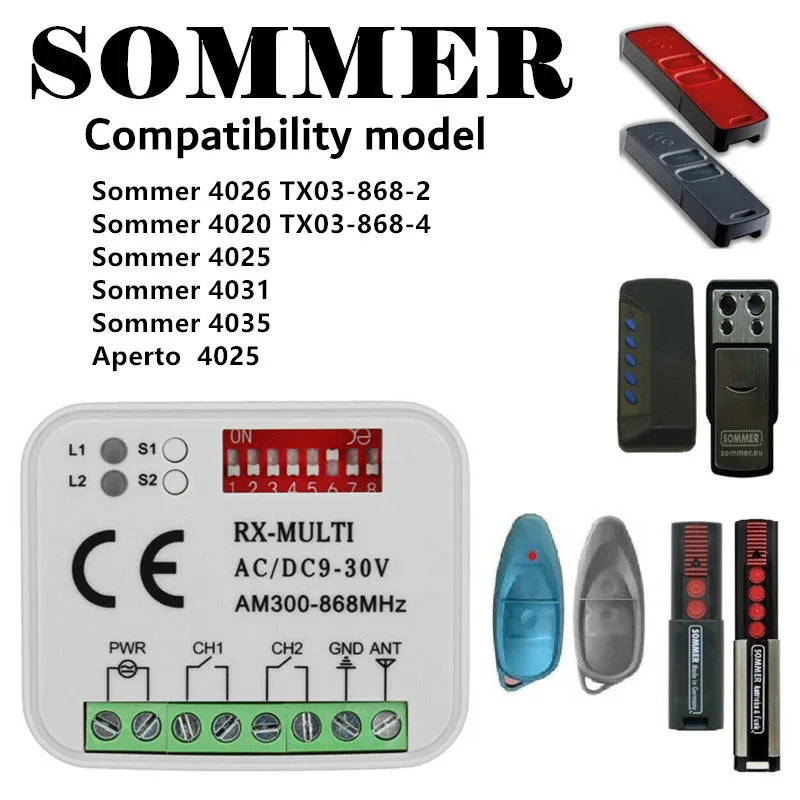 

SOMMER 868MHz Garage Door Remote Control Receiver RX MULTI 300-900MHZ AC DC 9-30V Transmitter Receiver