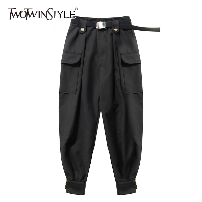 TWOTWINSTYLE Casual Women Ankle-Length Pants High Waist With Sashes Cargo Pant For Female Fashion Clothing 2020 Spring Tide TWOTWINSTYLE Casual Women Ankle-Length Pants High Waist With Sashes Cargo Pant For Female Fashion Clothing 2020 Spring Tide
