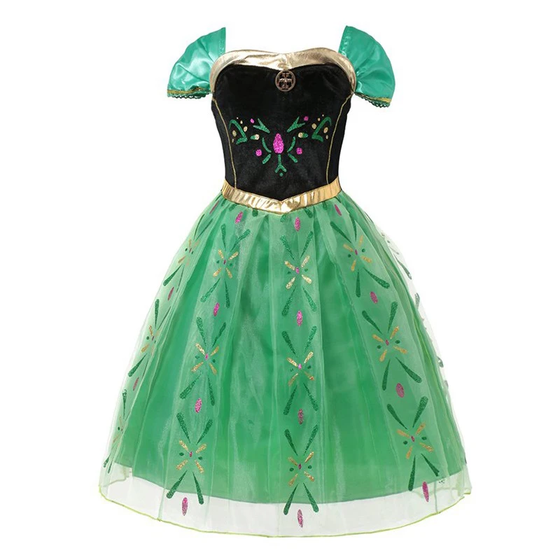 Anna Green Princess Dress for Baby Girl Embroidery Shoulderless Floral Anna Party Dress Kid Cosplay Clothes Summer Fancy Costume