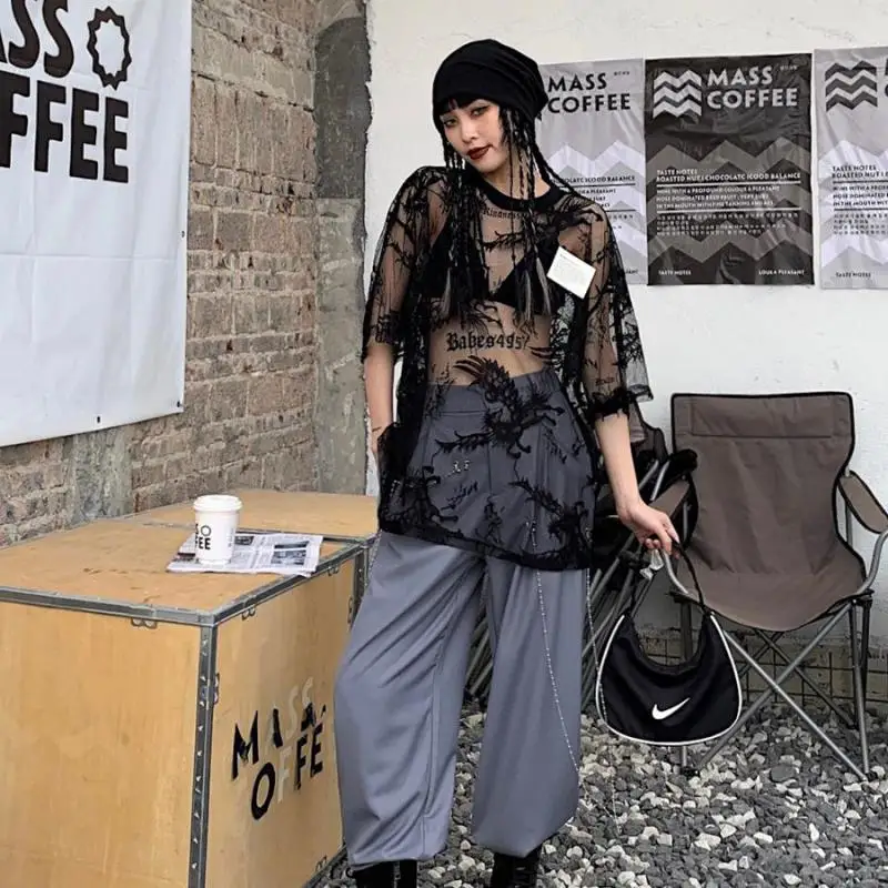 Karrram Summer Sexy Mesh T Shirts Women Lace See Through Oversize