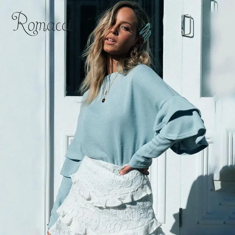 Women Blouse Solid Color Ribbed Dropped Shoulders Long Sleeve Ruffle Loose Elegant Ladies Blouses Casual Womens Tops And Blouses