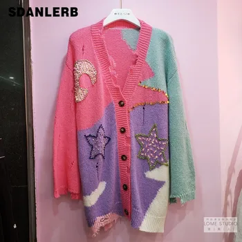 

Streetwear Loose Cardigan Coat Woman 2020 Autumn New Fashion Color Matching Hole Diamond Oversized Sweater Lady Casual Knitwear