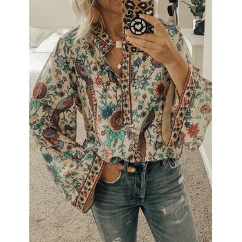 

New Fall 2019 Peacock Printed Loose Shirt Button Long Sleeve Shirt Red Yellow Blue Orange Apricot Sleeve Women Blouses
