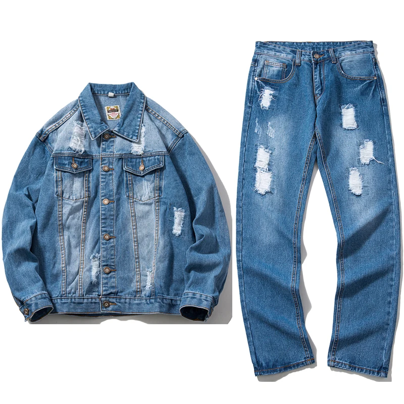 Set Pakaian Cocok Pria Jaket Denim Biru 