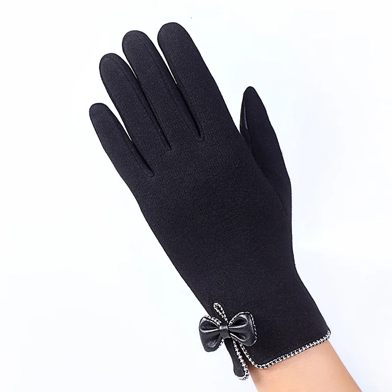 016E-black Женские модные теплые хлопковые перчатки для сенсорного экрана перчатки женские зимние перчатки Цветочные кружевные варежки с бантом - Цвет: 016E-black