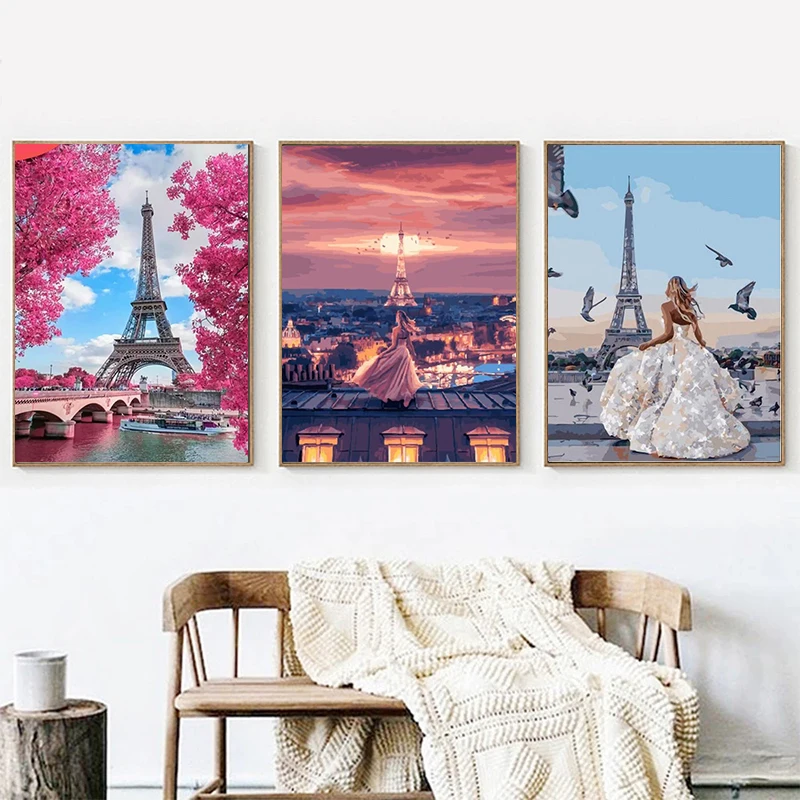 

RUOPOTY 3PC Рамка DIY Краски ing по номерам с оригинальными рисунками "Парижская башня Краски ing акриловые Краски по номерам стены искусства картины для Diy подарок для дома
