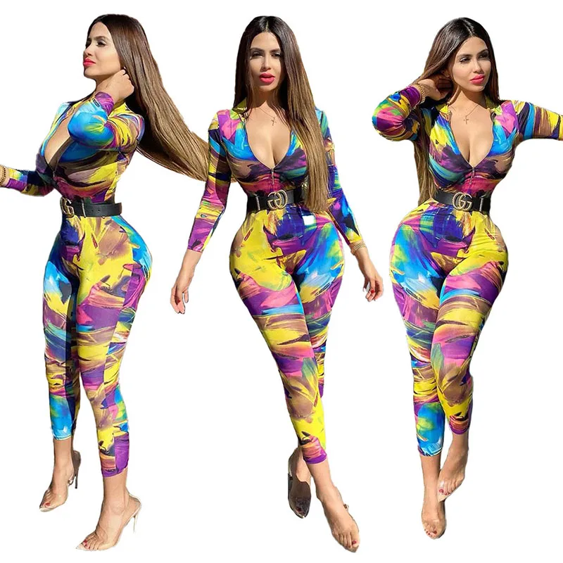 

2020 New Thin Jumpsuit Hot Selling European and American Women's Rompers Long-Sleeved Color Printed Tight Jumpsuit