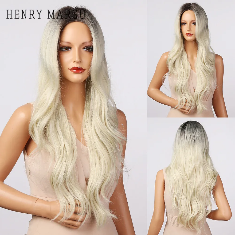 

HENRY MARGU Long Wavy Dark Root Ombre White Blonde Wigs Synthetic Natural Heat Resistant Hair Wigs for Women Middle Part Cosplay