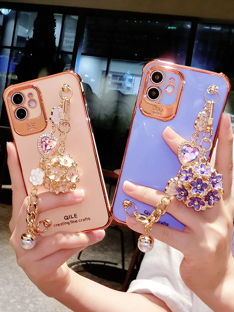 Luxury Plating Glitter Bling Camellia Gem Bracelet Flower Pendant Phone Case For IPhone 12 11 Pro XS MAX XR X 7 8 Plus Cover | Мобильные