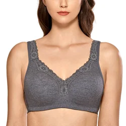 FAKUNTN Women's Cotton Non Padded Lace Trim Full Coverage Wirefree Plus Size Bra