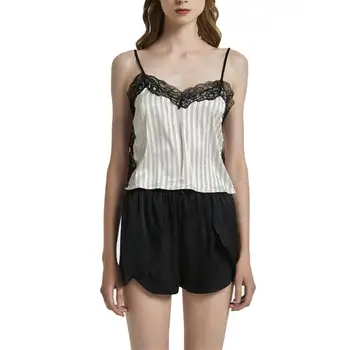 

Hot Sexy Women Stripe Lace Brim V Neck Strap Top Camisole Shorts Outfit Sleepwear Strap Top Camisole Shorts Outfit Sleepwear