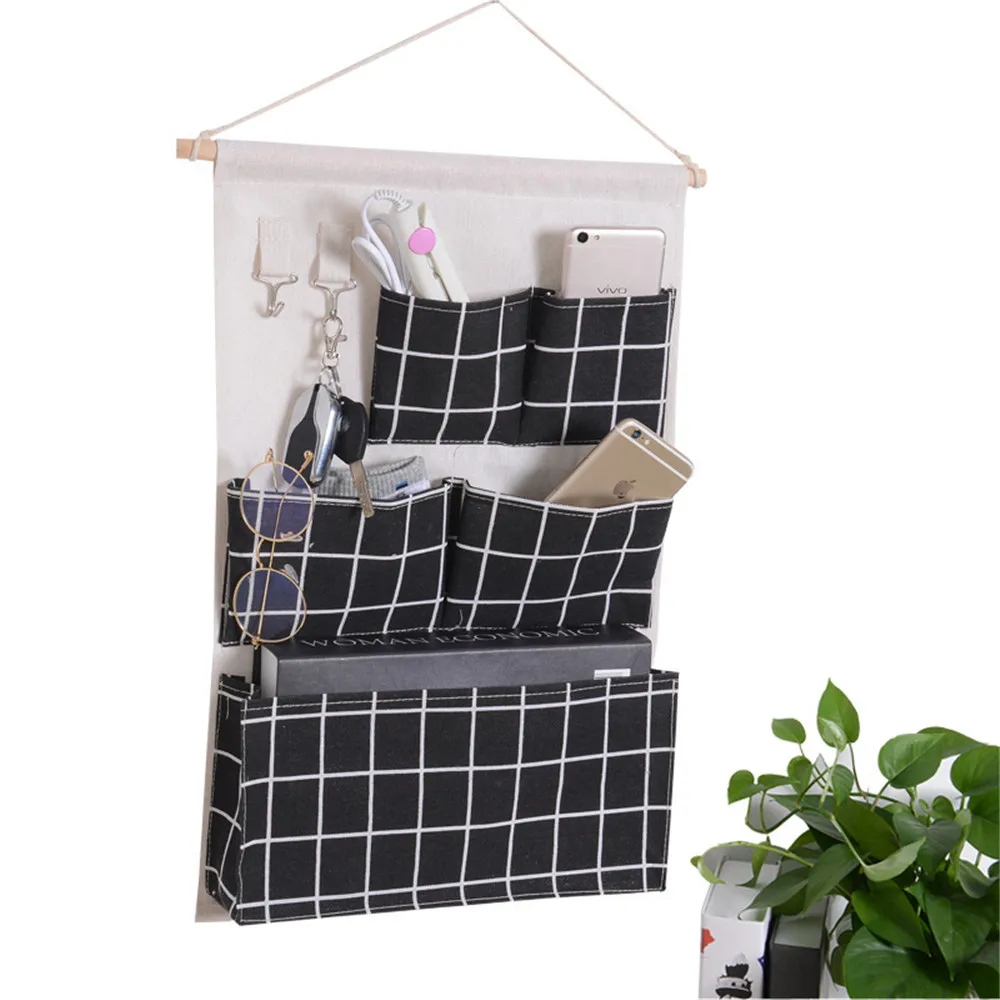 5 Pockets Wall Mounted Bag Waterproof Bedroom Home Storage Hanging Pocket with Hooks Cotton Linen Fabric Sundries Organizer 3