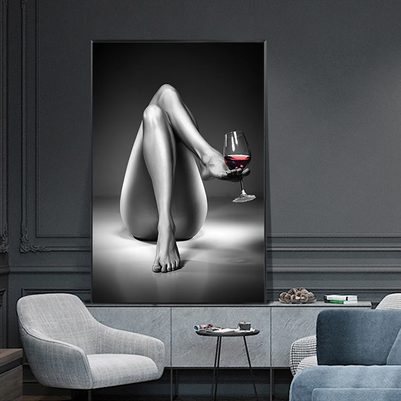 

Canvas Prints Nude Woman Wine Glass Painting Black White Sexy Girl Posters Wall Art Modern Pictures for Living Room Home Decor