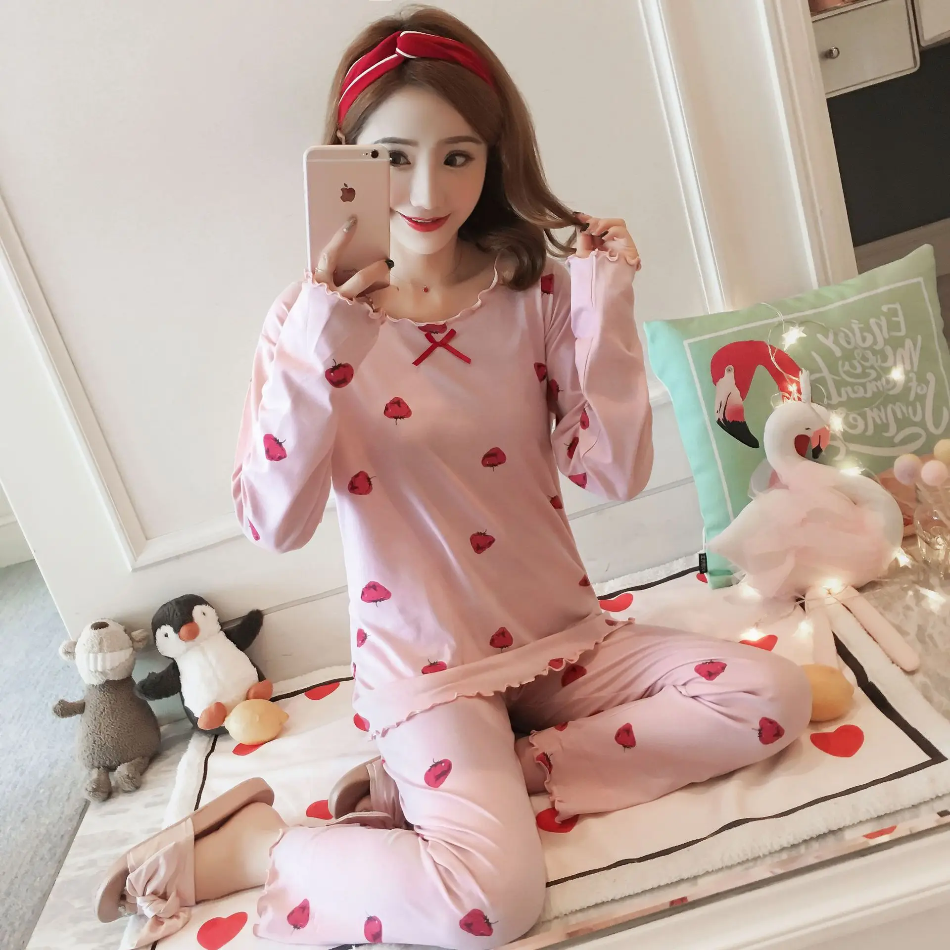 

2007 # Crew Neck Strawberry Pullover MS Long Sleeve Sweet Pajamas Homewear Set Series
