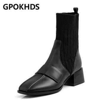 

GPOKHDS 2021 women Ankle boots Cow leather winter short plush Square Toe knitted Med heels female boots size 43