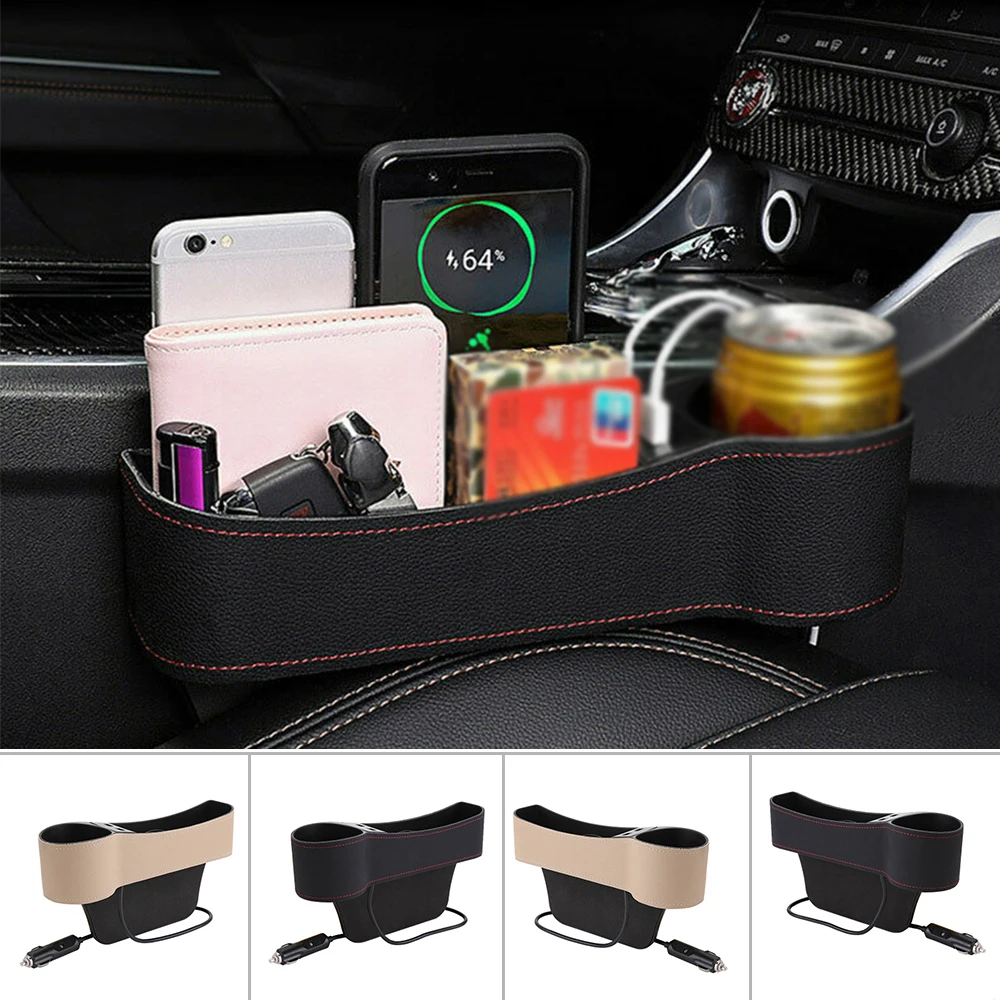 

Car Seat Gap Storage Box Organizer Phone Charger Cradle Cup Holder Leather Dual USB Charging Port With Cigarette Lighter Driver