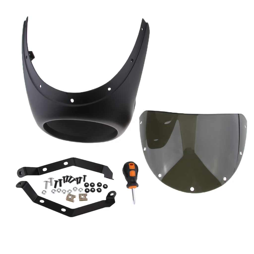 

Motorcycle Front Headlight Fairing Screen Retro Cafe Racer Style Universal Windshield Fit 7 Inch Head Light, Black & Smoke