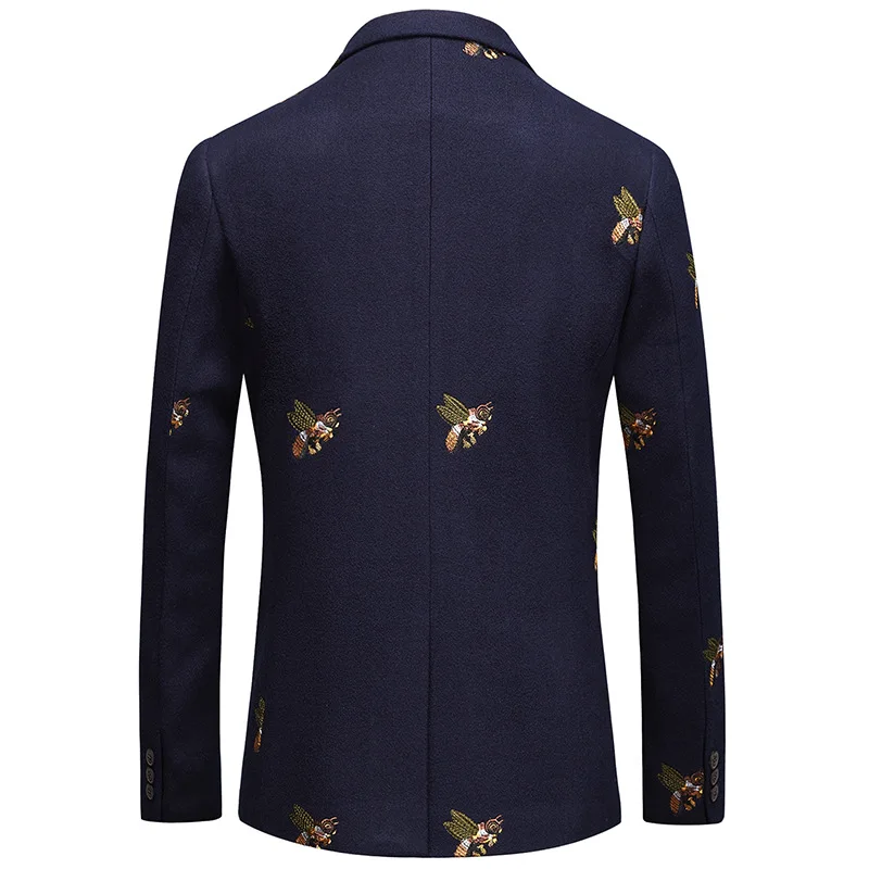Shenrun мужская куртка блейзеры темно-синий камвольный пчела вышивка Свадебный костюм жениха Тонкая Повседневная куртка высокого качества плюс размер Блейзер