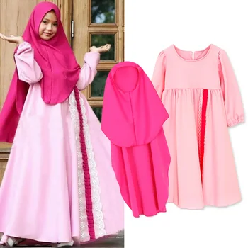 

Muslim Lace Maxi Dress Sets Children Abaya Kids Hijab Scarf Girl Long Robe Gowns Kimono Jubah Eid Ramadan Arab Islamic Prayer