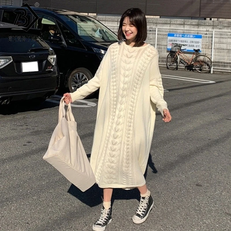 Новинка зимы, женский свитер в Корейском стиле, платья, Свободный вязаный свитер с длинным рукавом и круглым вырезом D9N207K