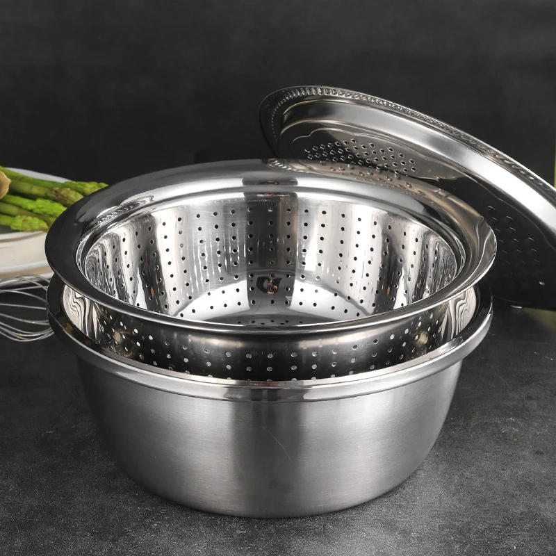 3 PCS Stainless Steel Strainer Colander Vegetable Sieve Salad Bowl