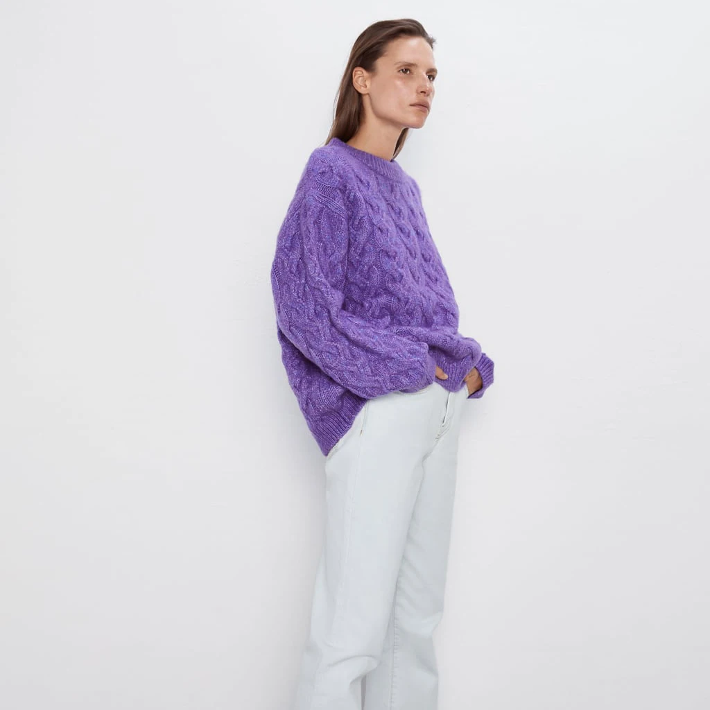 Новинка, зимний Однотонный свитер, Модный Фиолетовый Пуловер с круглым вырезом, Свободный теплый свитер с длинным рукавом, Рождественский свитер
