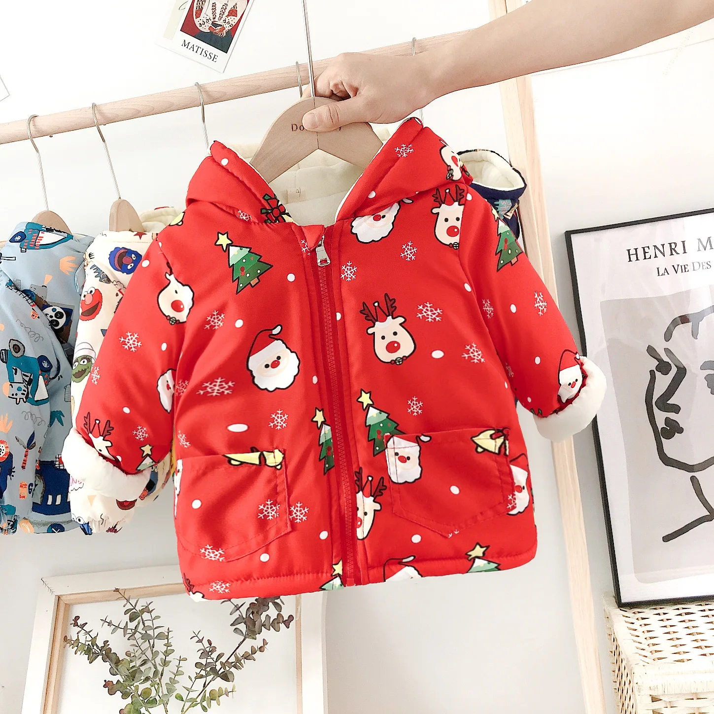  Christmas winter warm long sleeve hooded tops zipper coat cartoon 3D ear Santa print toddler kids b