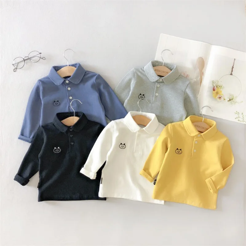 Autumn Baby Kids Long Sleeve Cotton Blouse Casual Boys And Girls Cartoon Embroidery Lapel Solid Color Comfortable Shirt