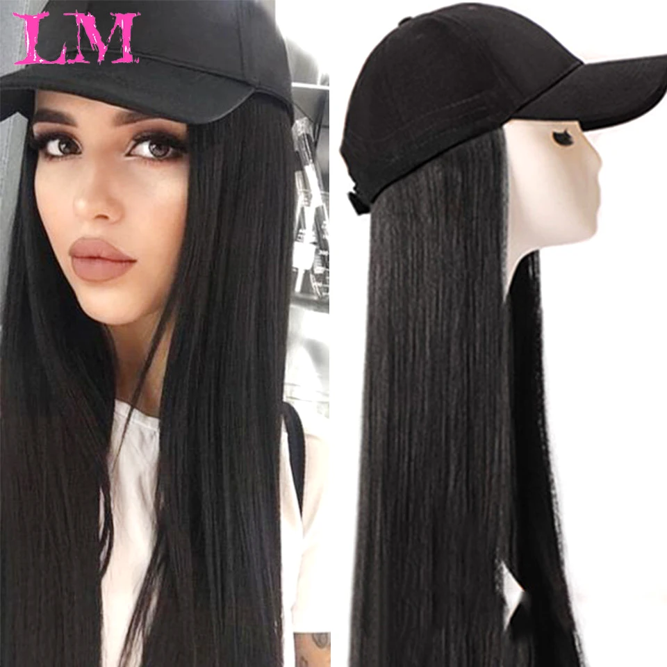 Liangmo Long Straight Hat Wig Natural Brown Wigs Connect Synthetic Synthetic Baseball Cap Hair