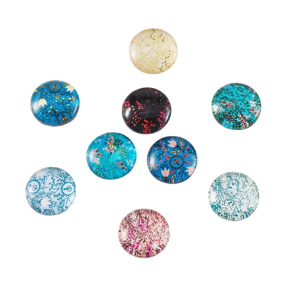 10pcs Flower Printed Glass Cabochons Half Round Dome Mixed Style 16mm 