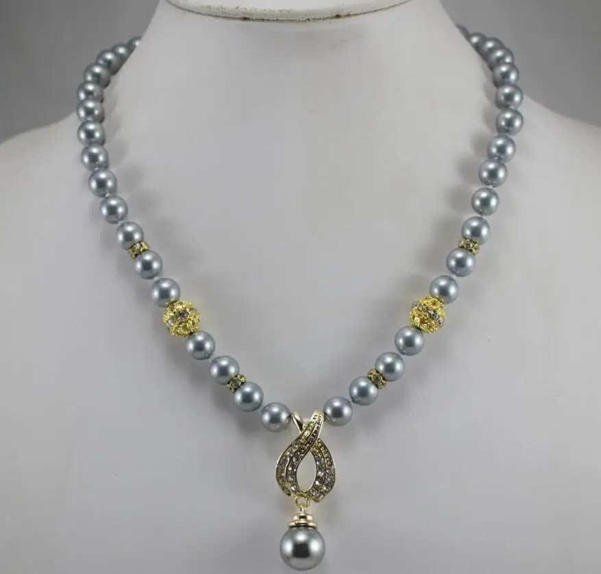 Jewelry Free Shipping simply style 8mm gray shell pearl necklace and 14mm pendant for wedding anniversary | Украшения и