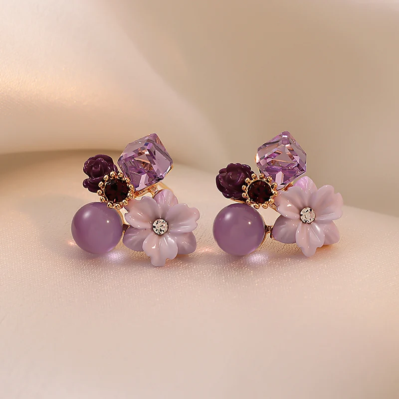 Noble Purple Crystal Flower Stud Earrings For Woman 2021 Korean Fashion Jewelry Wedding Party Girl’s Elegance Set Accessories