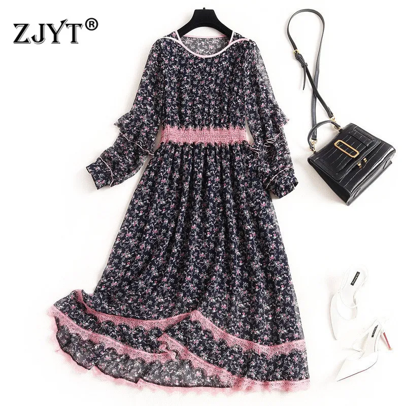 

Top Fashion Women Spring Dress 2020 New Designer Clothes Long Sleeve Lace Patchwork Floral Print Midi Beach Chiffon Dress