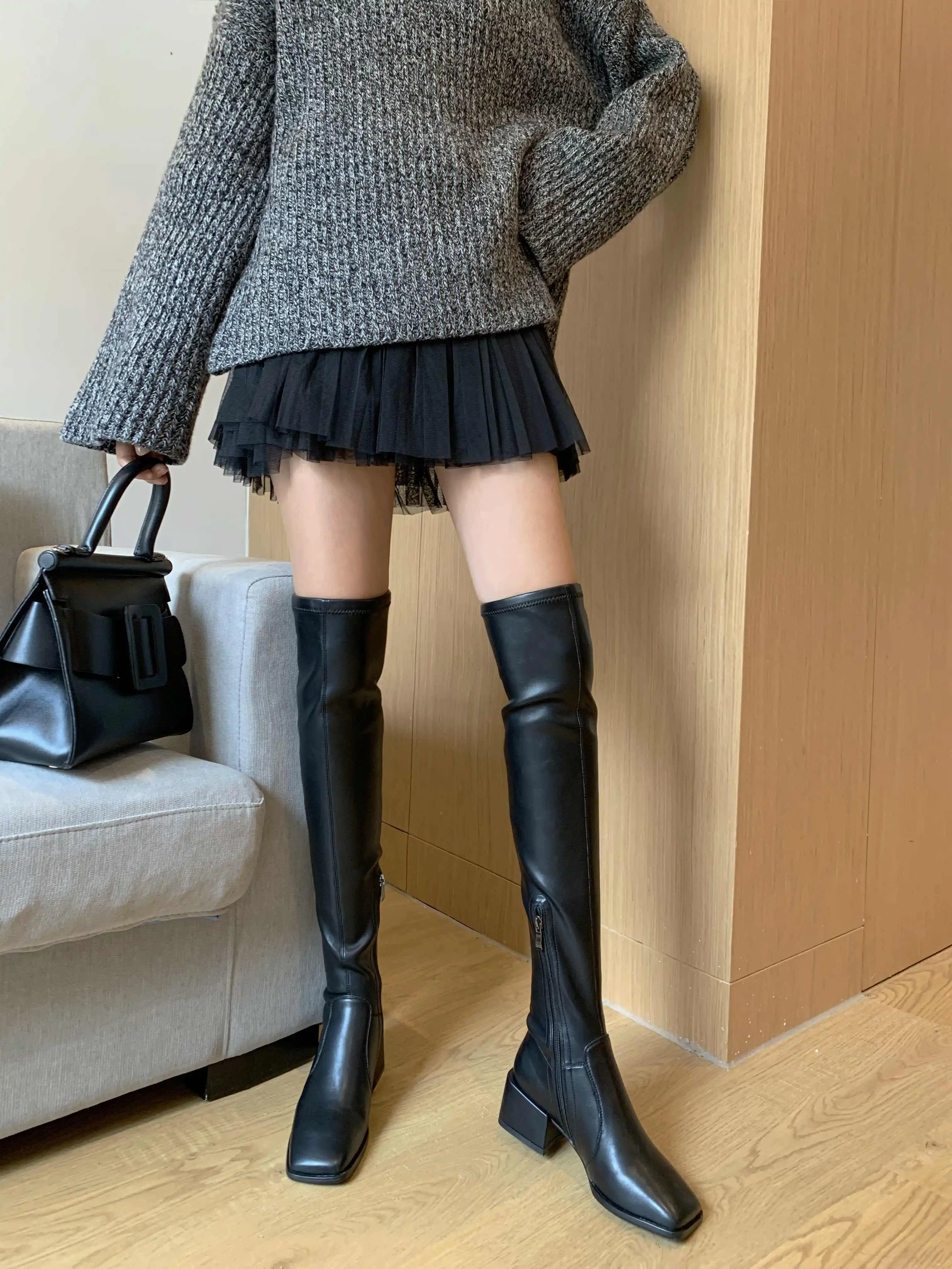 Lenkisen fashion square toe soft flock stretch boots med heels side zip winter women high street fashion thigh high boots L32