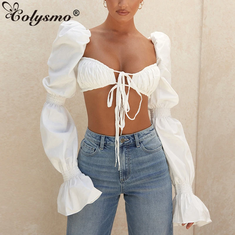 Colysmo Sexy Crop Tops Women Backless Puff Sleeve Chest Tie Up Sexy Summer Tops Casual Vintage Blusas Long Sleeve White Blouse vintage treasure chest wood 66x38x40 cm