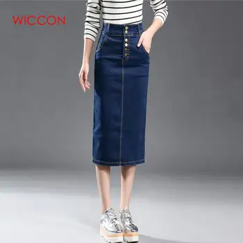 

WICCON New Fashion Women Plus Size Denim Skirt Elasticity High Waist Long Skirt Casual Vintage Back Split Blue Solid Jeans Skirt