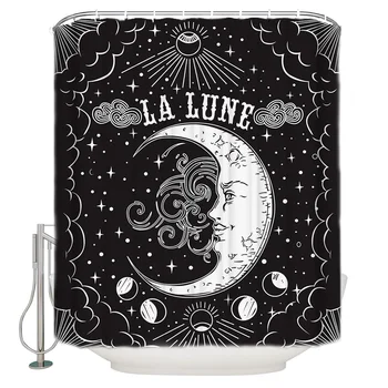 

WARMTOUR Shower Curtain La Lune Moon Starry Black Bath Curtains Bathroom Decor with Hooks