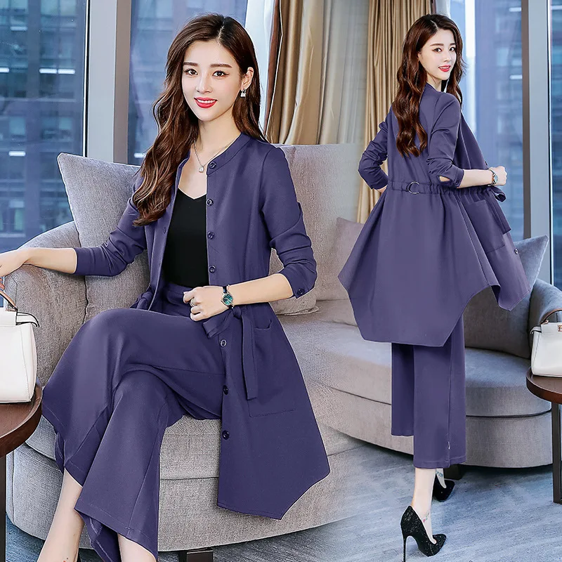 

2018 Autumn New Style Two-Piece Set Large Size Dress Korean-style Fashion Waist Hugging Lace-up Trench Coat Coat Loose Pants Set